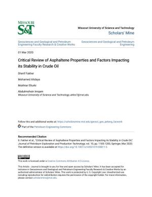 Critical Review of Asphaltene Properties and Factors Impacting Its Stability in Crude Oil