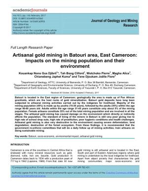 Artisanal Gold Mining in Batouri Area, East Cameroon: Impacts on the Mining Population and Their Environment