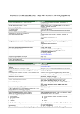 Information Sheet Budapest Business School FCHT International Mobility Department