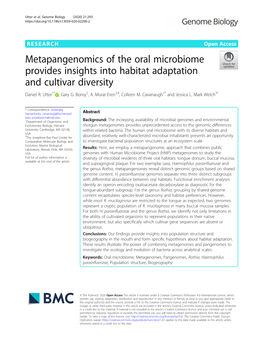 Metapangenomics of the Oral Microbiome Provides Insights Into Habitat Adaptation and Cultivar Diversity Daniel R