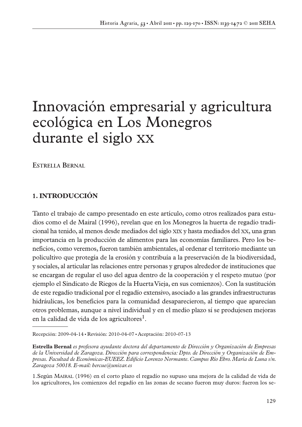 Innovación Empresarial Y Agricultura Ecológica En Los Monegros Durante El Siglo XX