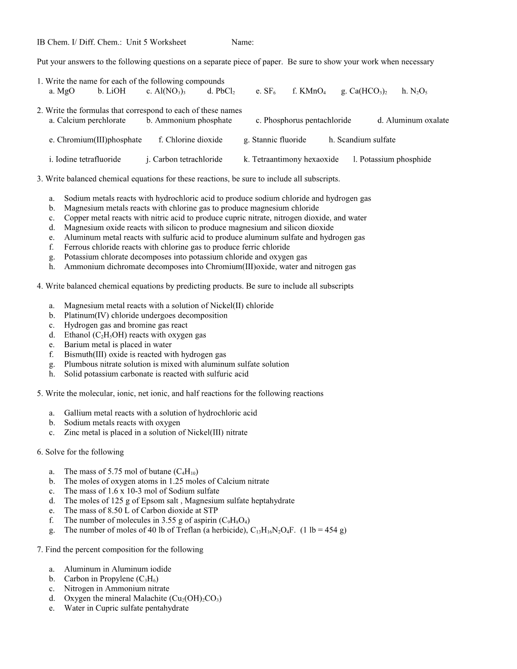 Chemistry: Ch 6 & 7 Review Worksheet