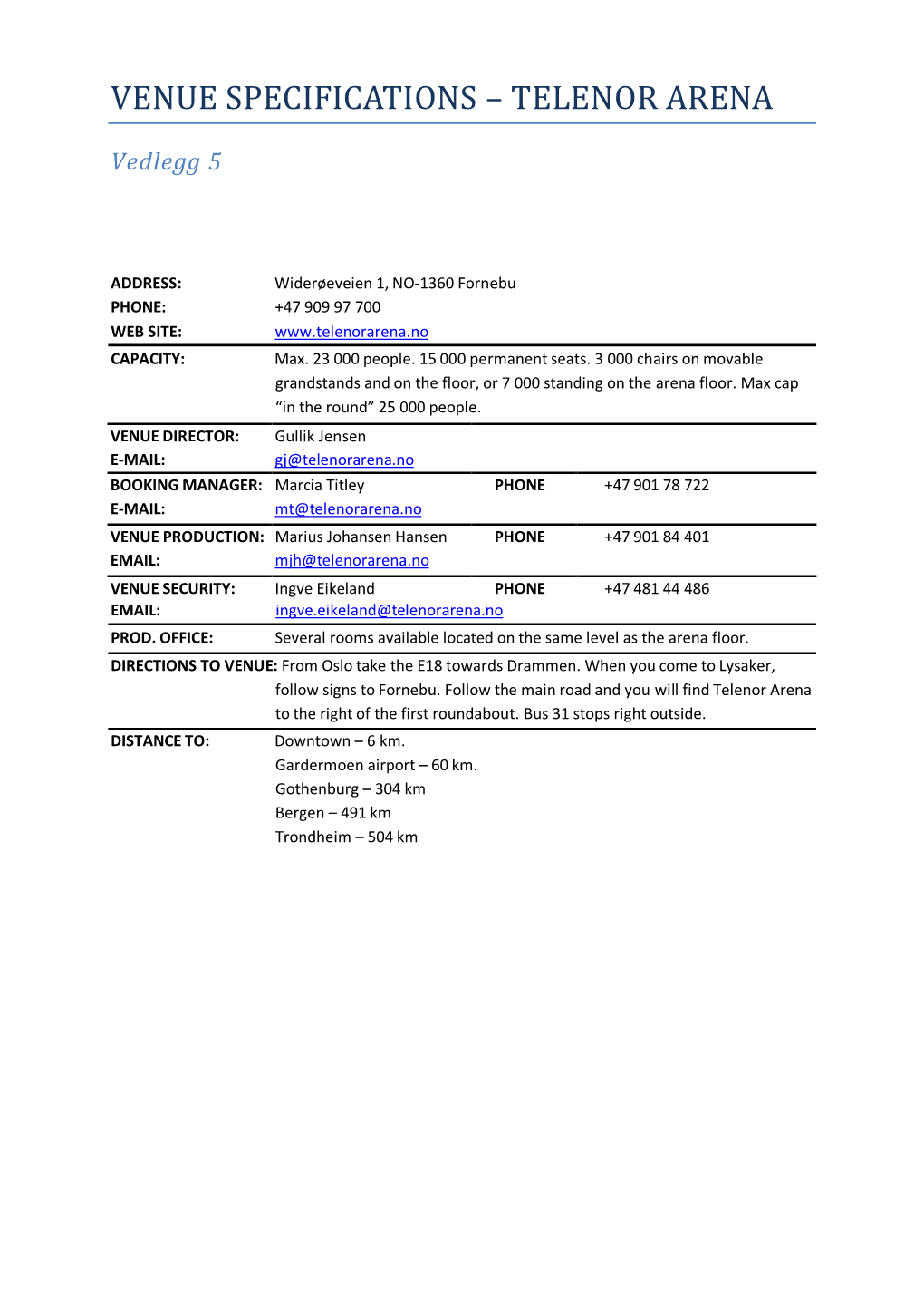 Venue Specifications – Telenor Arena