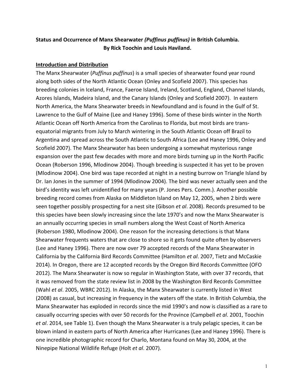 Status and Occurrence of Manx Shearwater (Puffinus Puffinus) in British Columbia