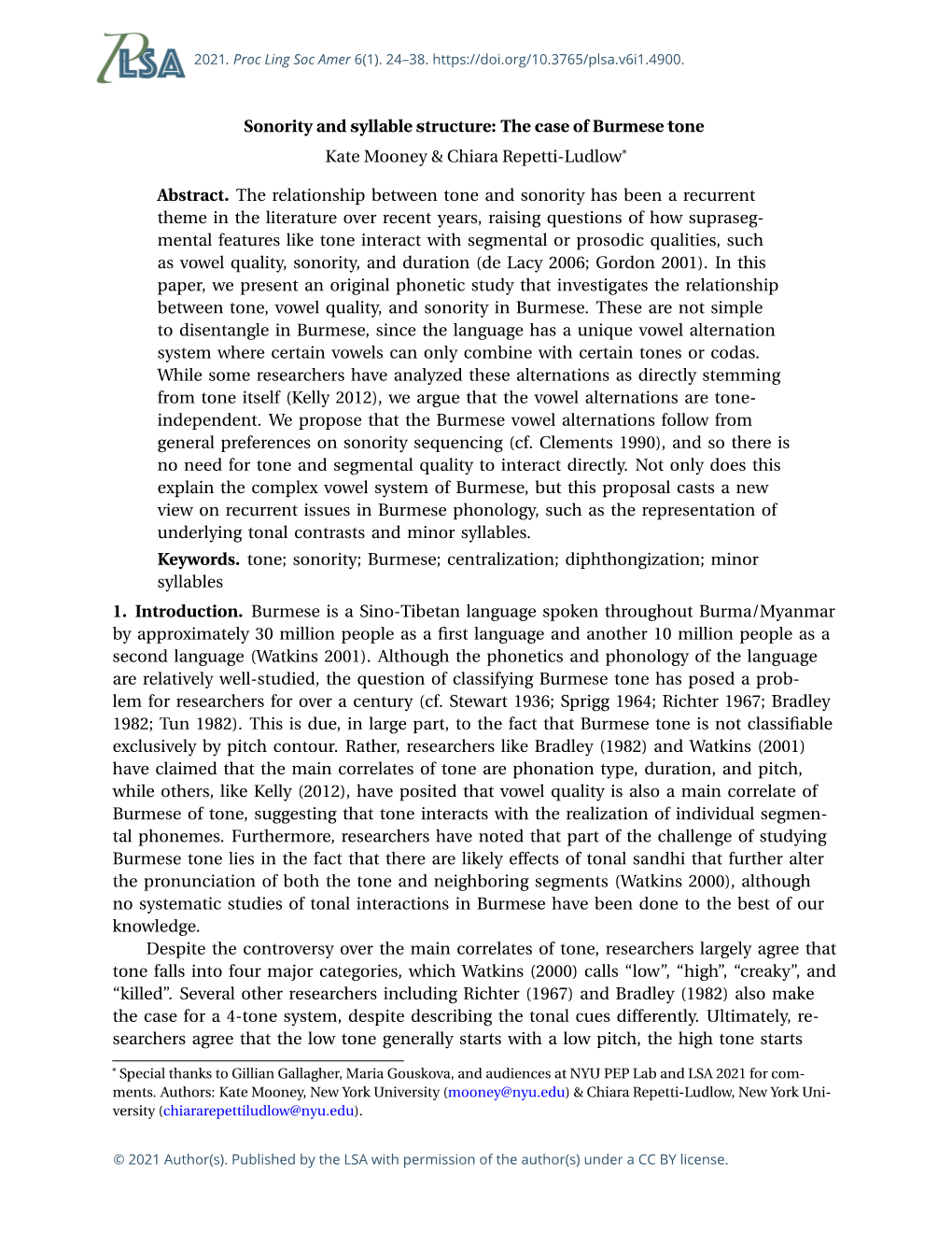 Sonority and Syllable Structure: the Case of Burmese Tone Kate Mooney & Chiara Repetti-Ludlow*