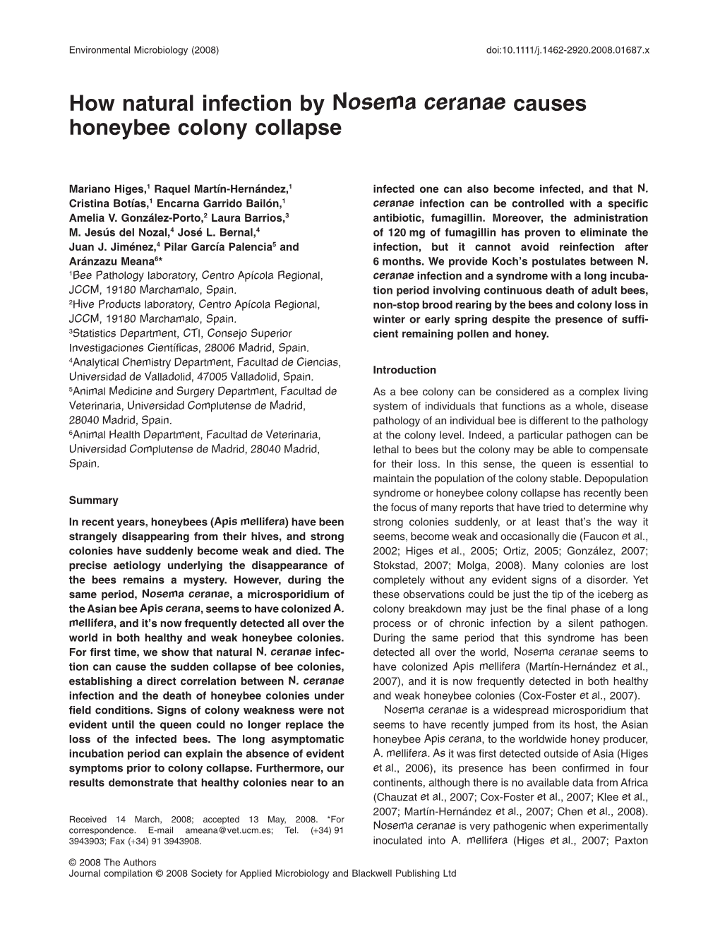 How Natural Infection by Nosema Ceranae Causes Honeybee Colony Collapse