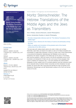 Moritz Steinschneider. the Hebrew Translations of the Middle Ages and the Jews As Transmitters Vol I