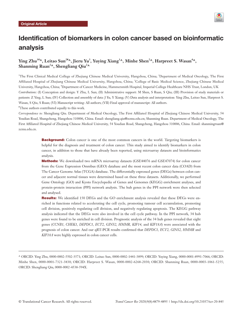 Identification of Biomarkers in Colon Cancer Based on Bioinformatic Analysis
