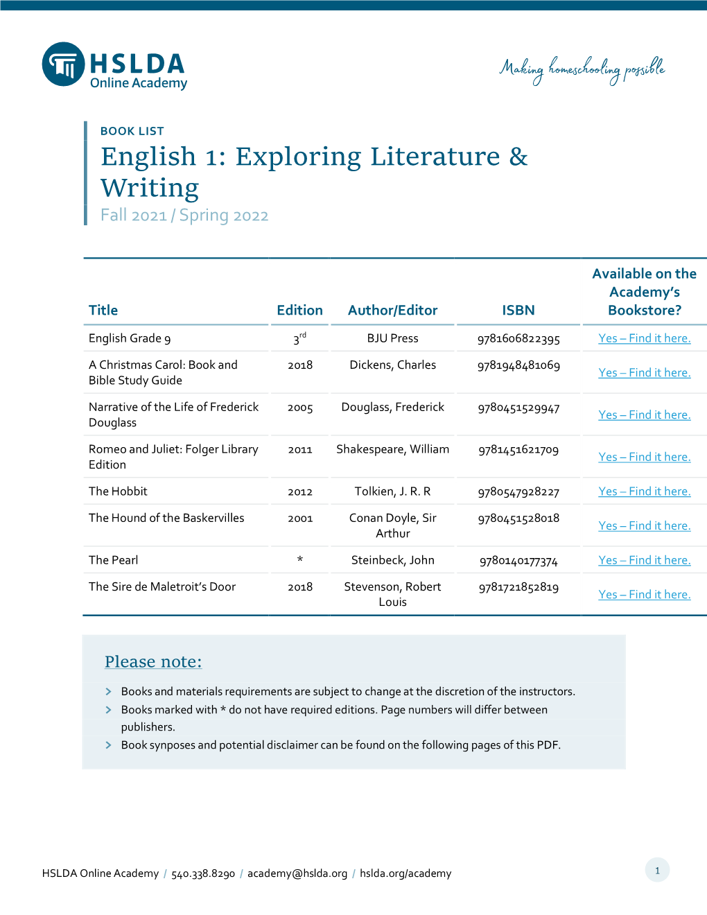 English 1: Exploring Literature & Writing Booklist