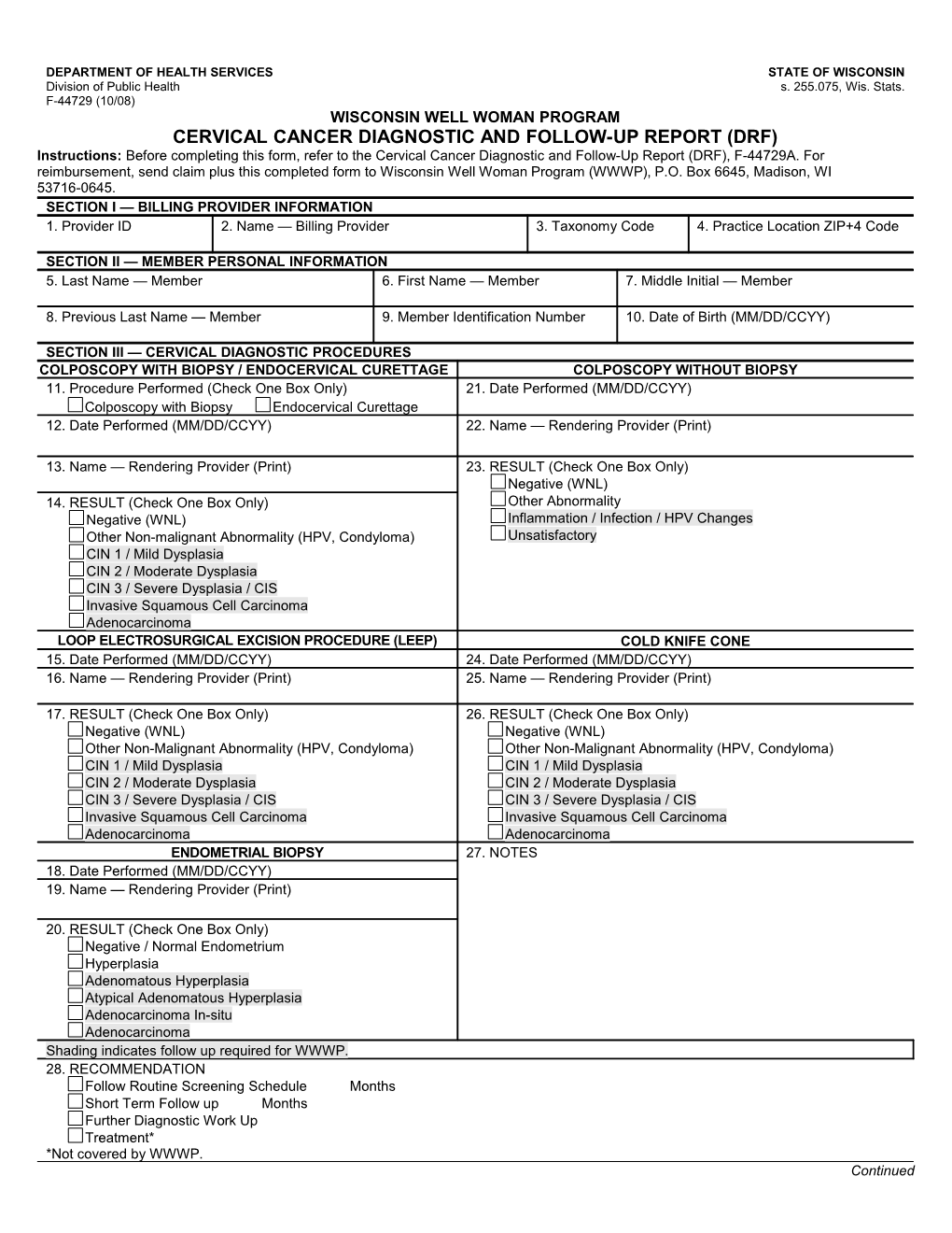 Cervical Cancer Diagnostic and Follow-Up Report (Drf)