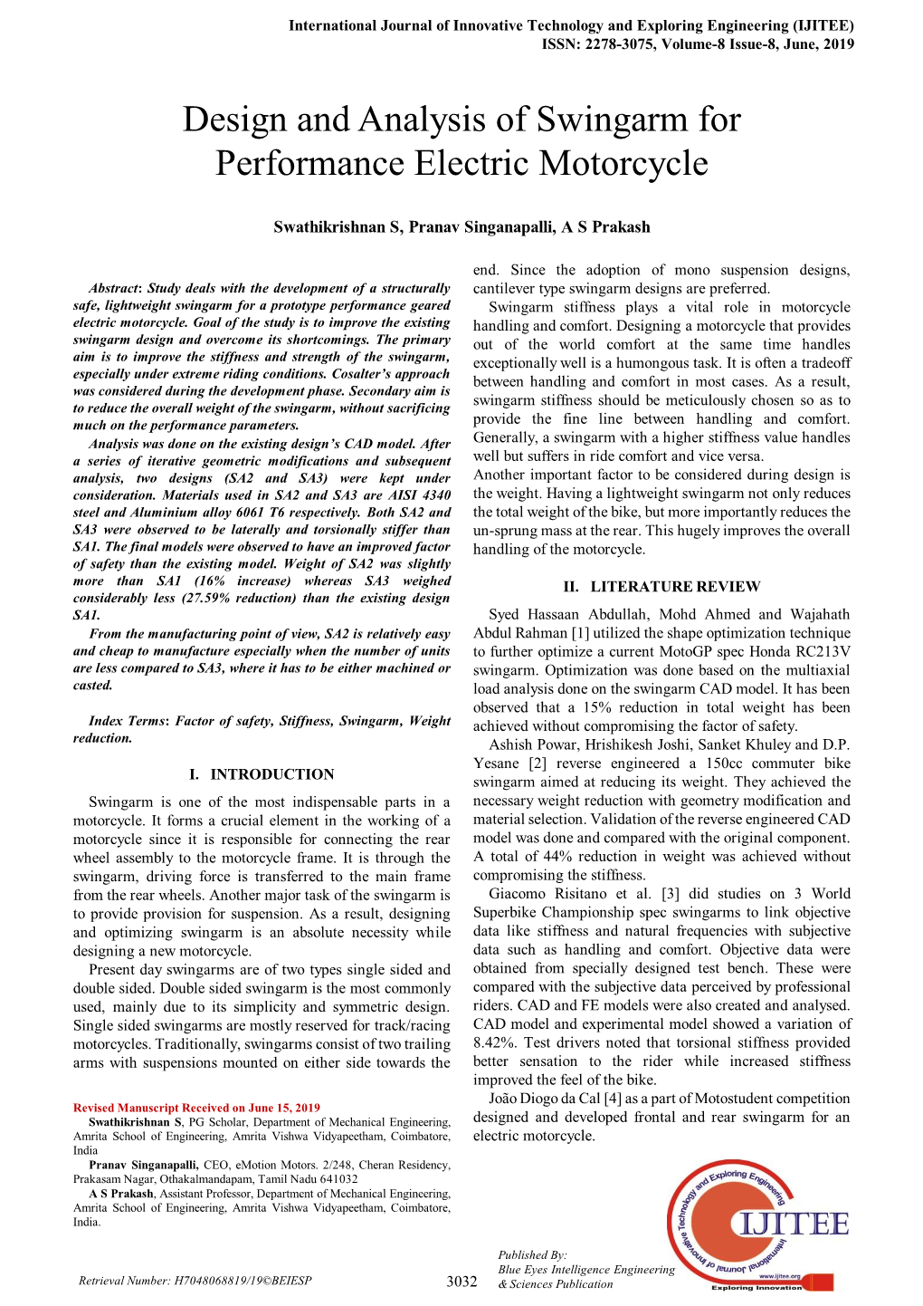 Design and Analysis of Swingarm for Performance Electric Motorcycle