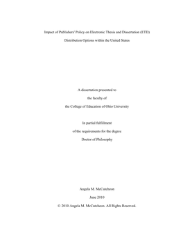 Impact of Publishers' Policy on Electronic Thesis and Dissertation (ETD)