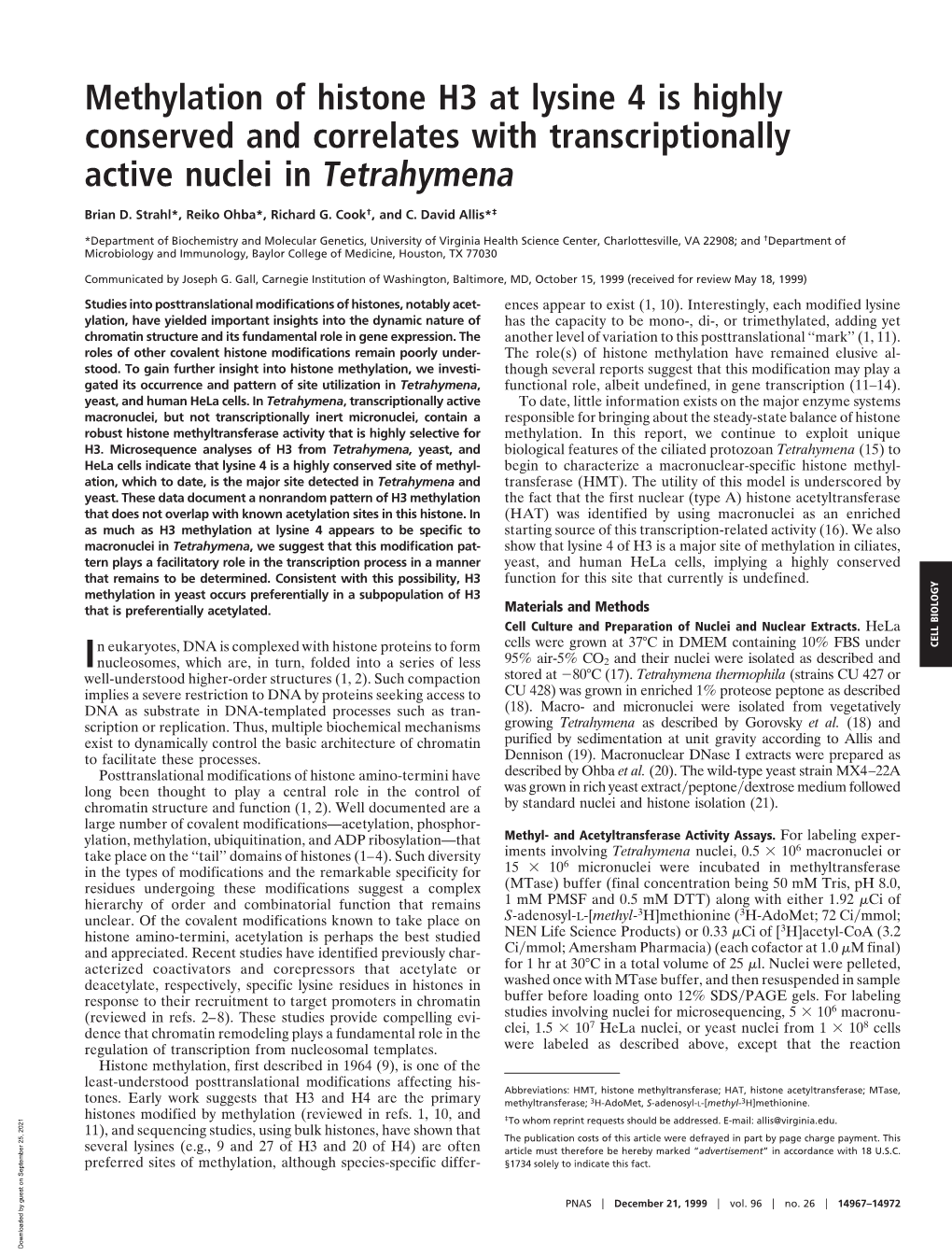 Methylation of Histone H3 at Lysine 4 Is Highly Conserved and Correlates with Transcriptionally Active Nuclei in Tetrahymena