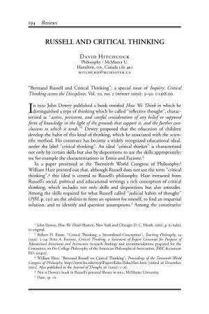 Russell and Critical Thinking [Review of "Bertrand Russell and Critical