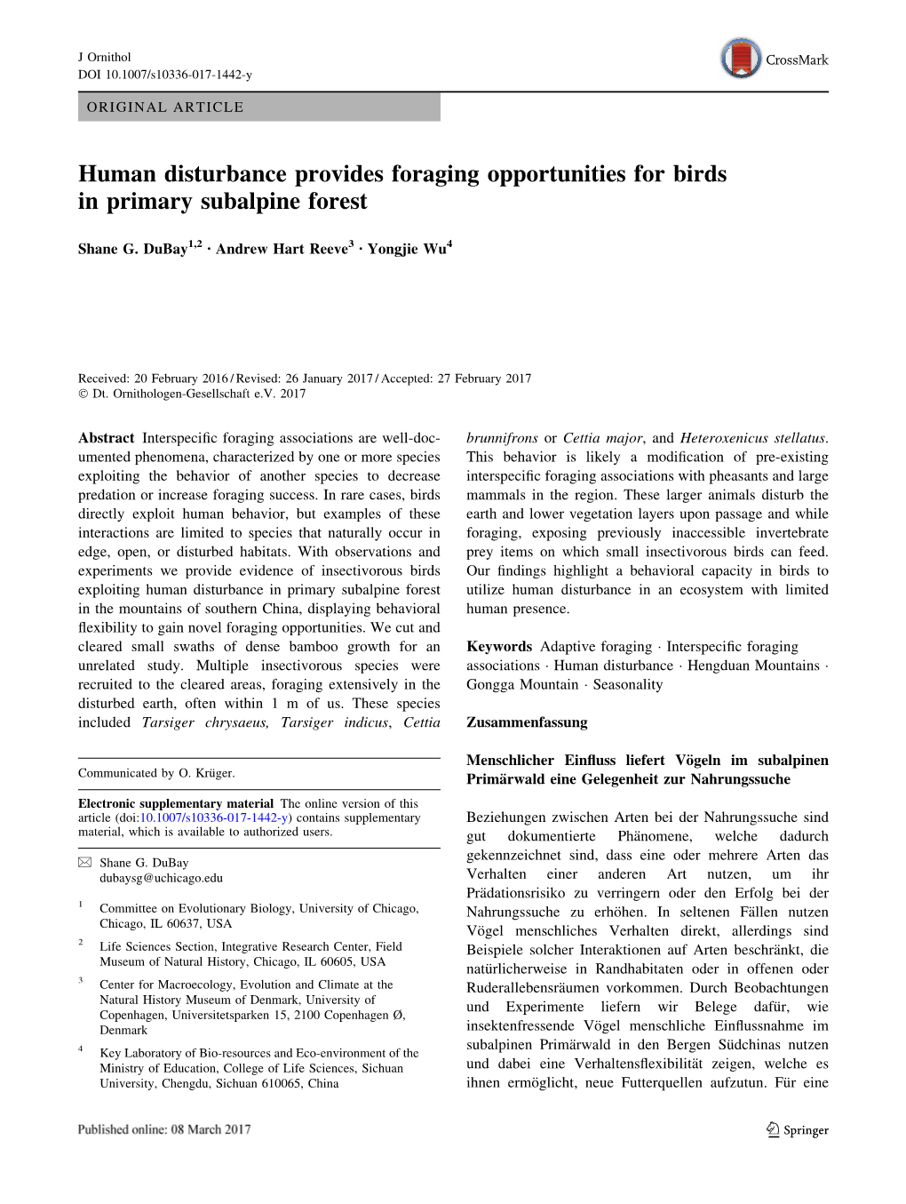 Human Disturbance Provides Foraging Opportunities for Birds in Primary Subalpine Forest