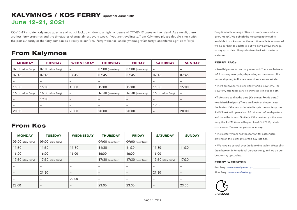 KALYMNOS / KOS FERRY Updated June 19Th June 12–21, 2021 From