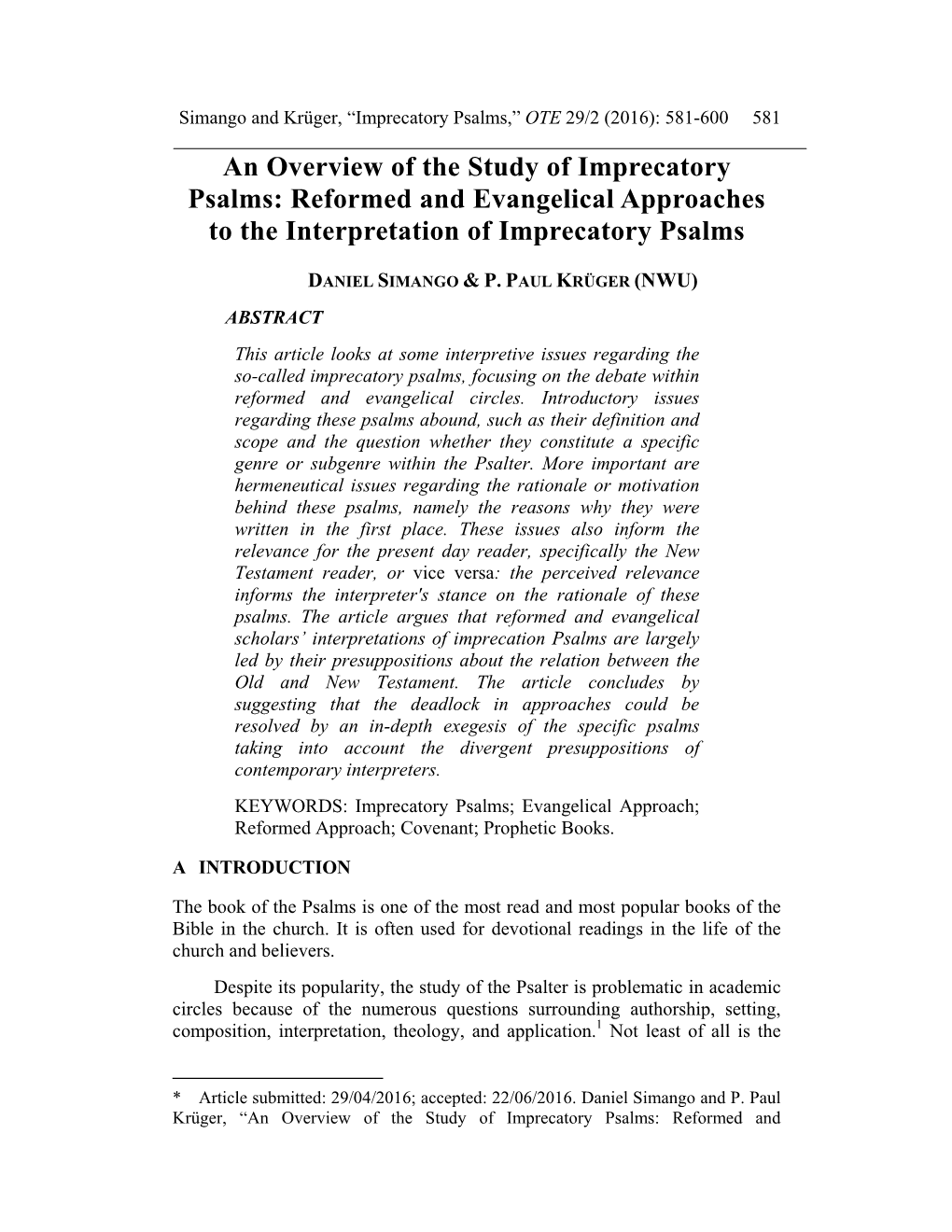 An Overview of the Study of Imprecatory Psalms: Reformed and Evangelical Approaches to the Interpretation of Imprecatory Psalms