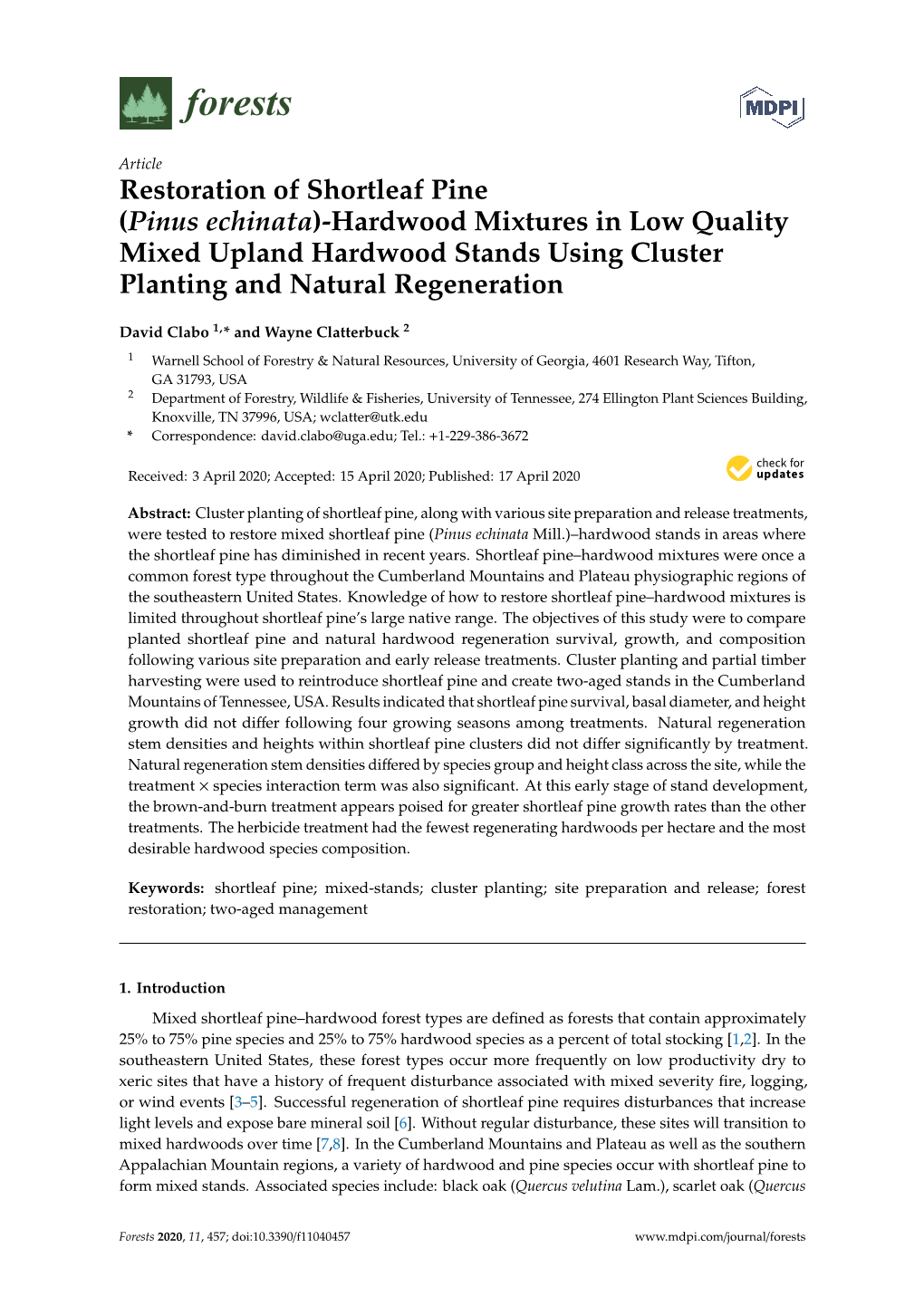 Pinus Echinata)-Hardwood Mixtures in Low Quality Mixed Upland Hardwood Stands Using Cluster Planting and Natural Regeneration