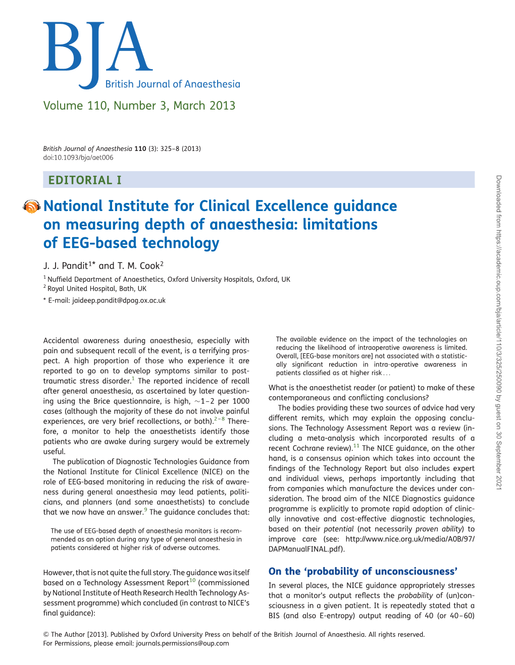 National Institute for Clinical Excellence Guidance on Measuring Depth of Anaesthesia: Limitations of EEG-Based Technology