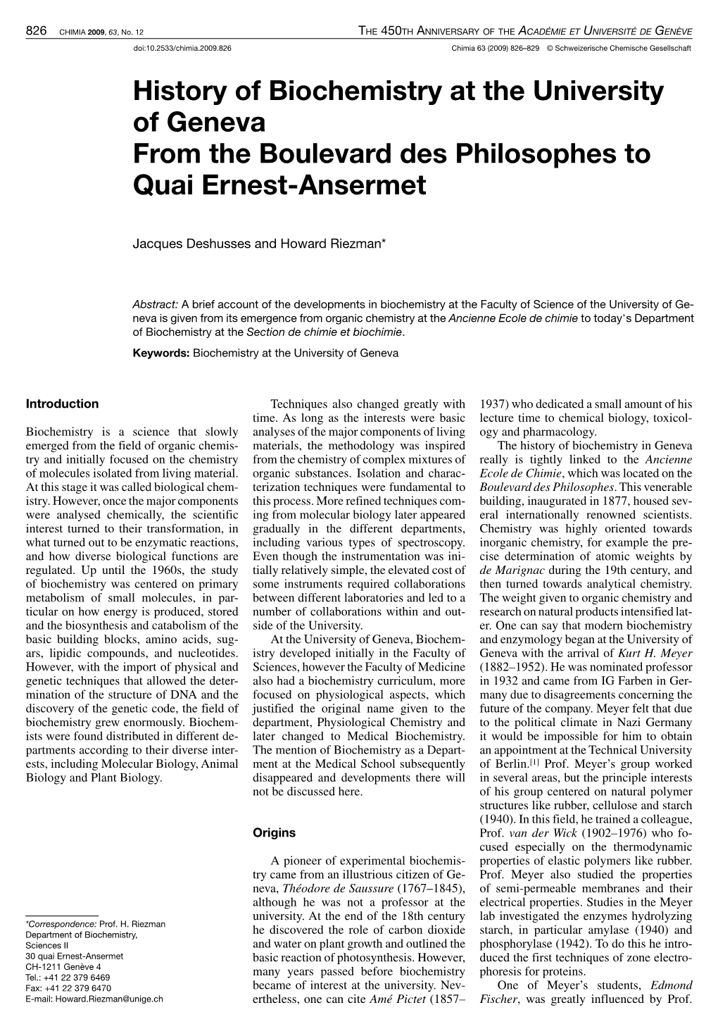 History of Biochemistry at the University of Geneva<Br> from The