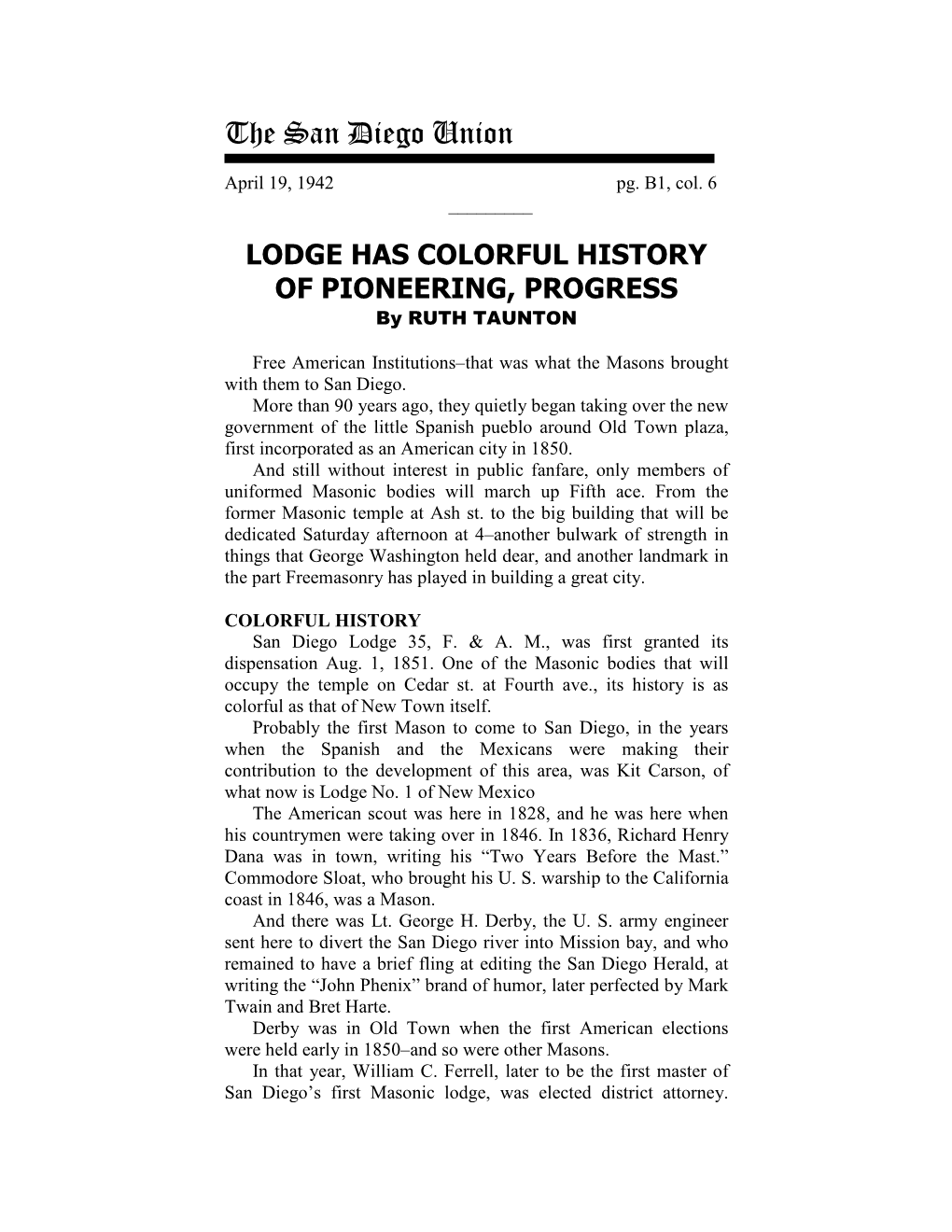 LODGE HAS COLORFUL HISTORY of PIONEERING, PROGRESS by RUTH TAUNTON