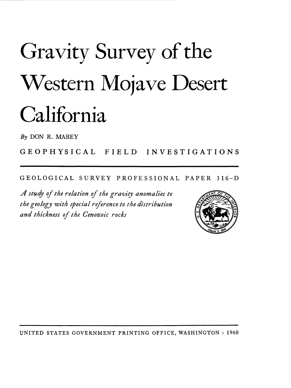 Gravity Survey of the Western Mojave Desert California