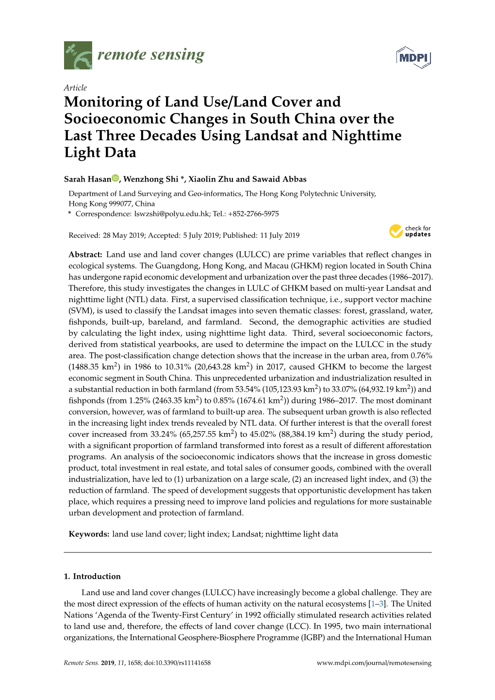 Monitoring of Land Use/Land Cover and Socioeconomic Changes in South China Over the Last Three Decades Using Landsat and Nighttime Light Data