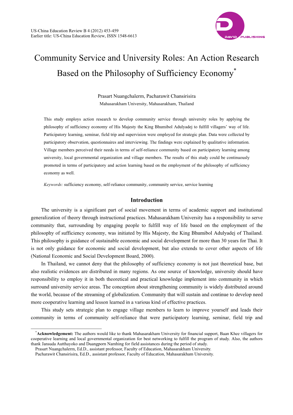 Community Service and University Roles: an Action Research Based on the Philosophy of Sufficiency Economy*