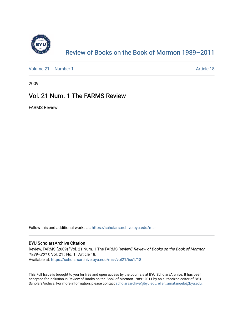 Vol. 21 Num. 1 the FARMS Review