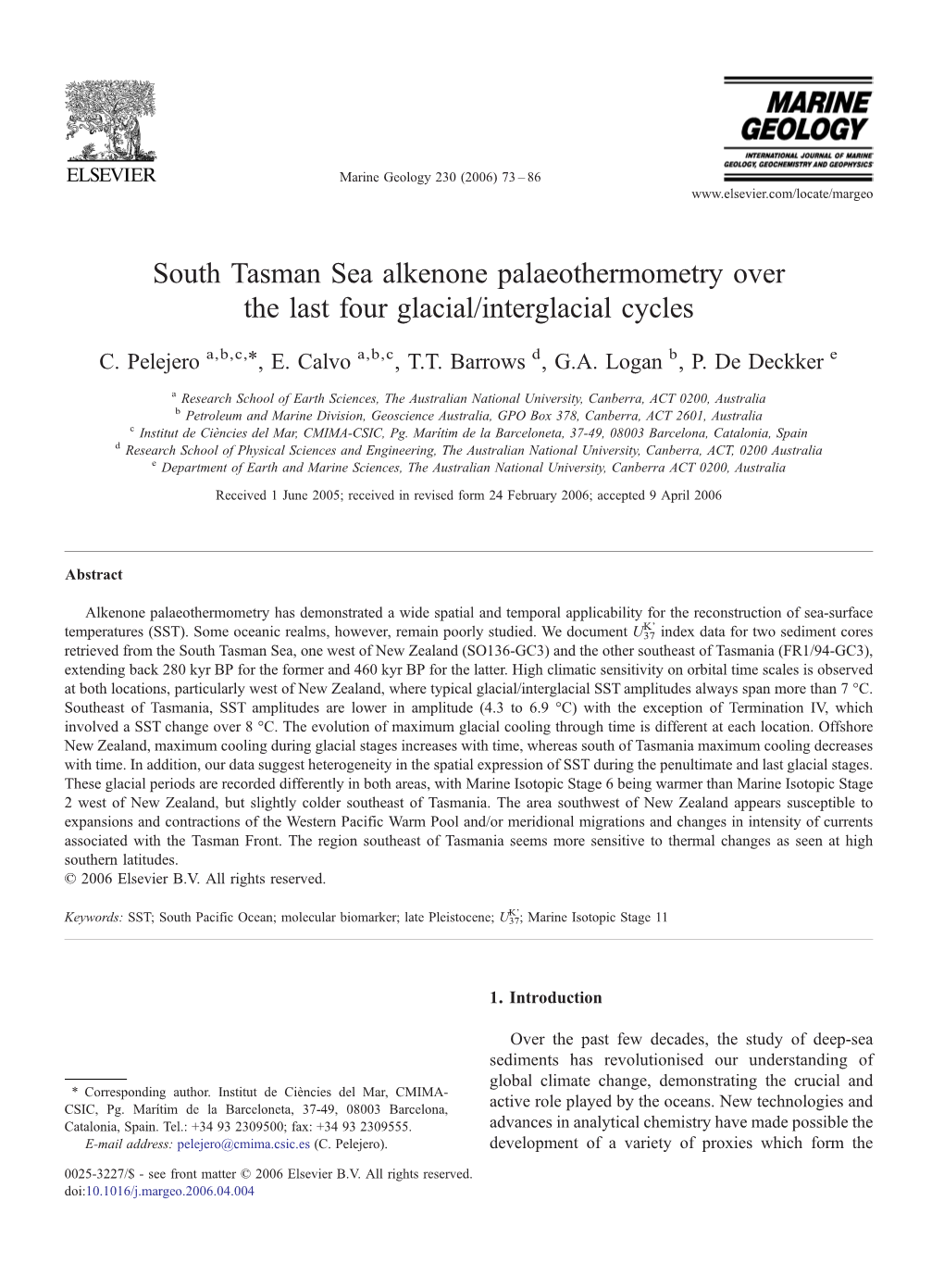 South Tasman Sea Alkenone Palaeothermometry Over the Last Four Glacial/Interglacial Cycles ⁎ C