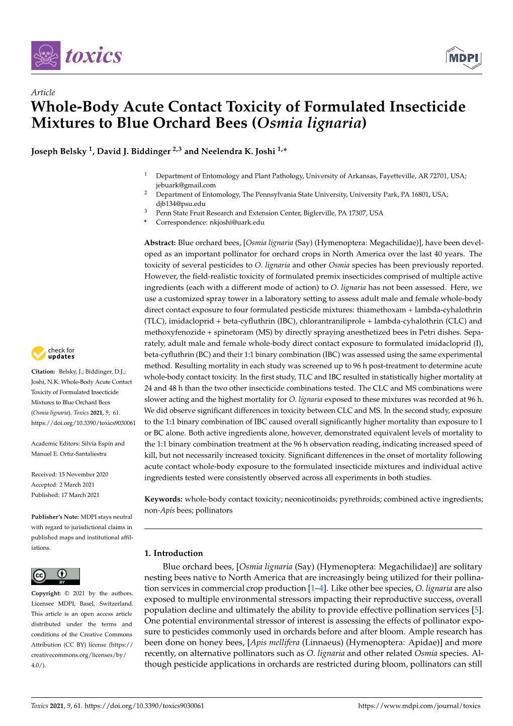 Whole-Body Acute Contact Toxicity of Formulated Insecticide Mixtures to Blue Orchard Bees (Osmia Lignaria)