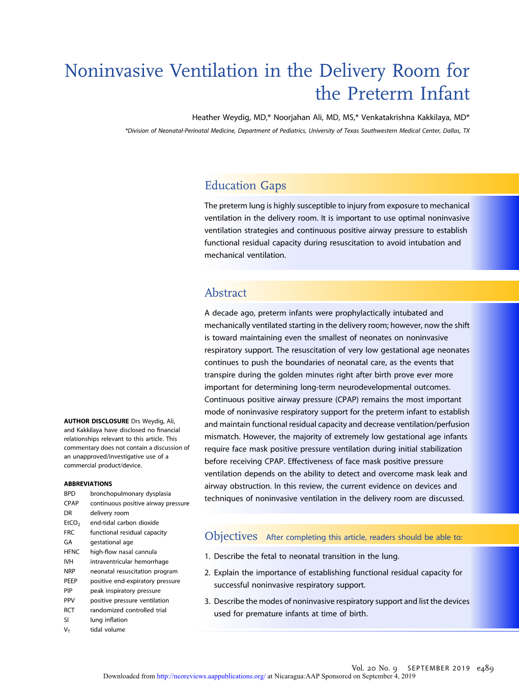 Noninvasive Ventilation in the Delivery Room for the Preterm Infant