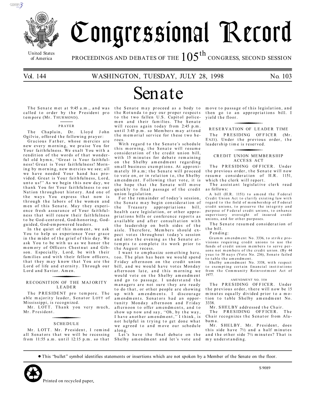 Congressional Record United States Th of America PROCEEDINGS and DEBATES of the 105 CONGRESS, SECOND SESSION