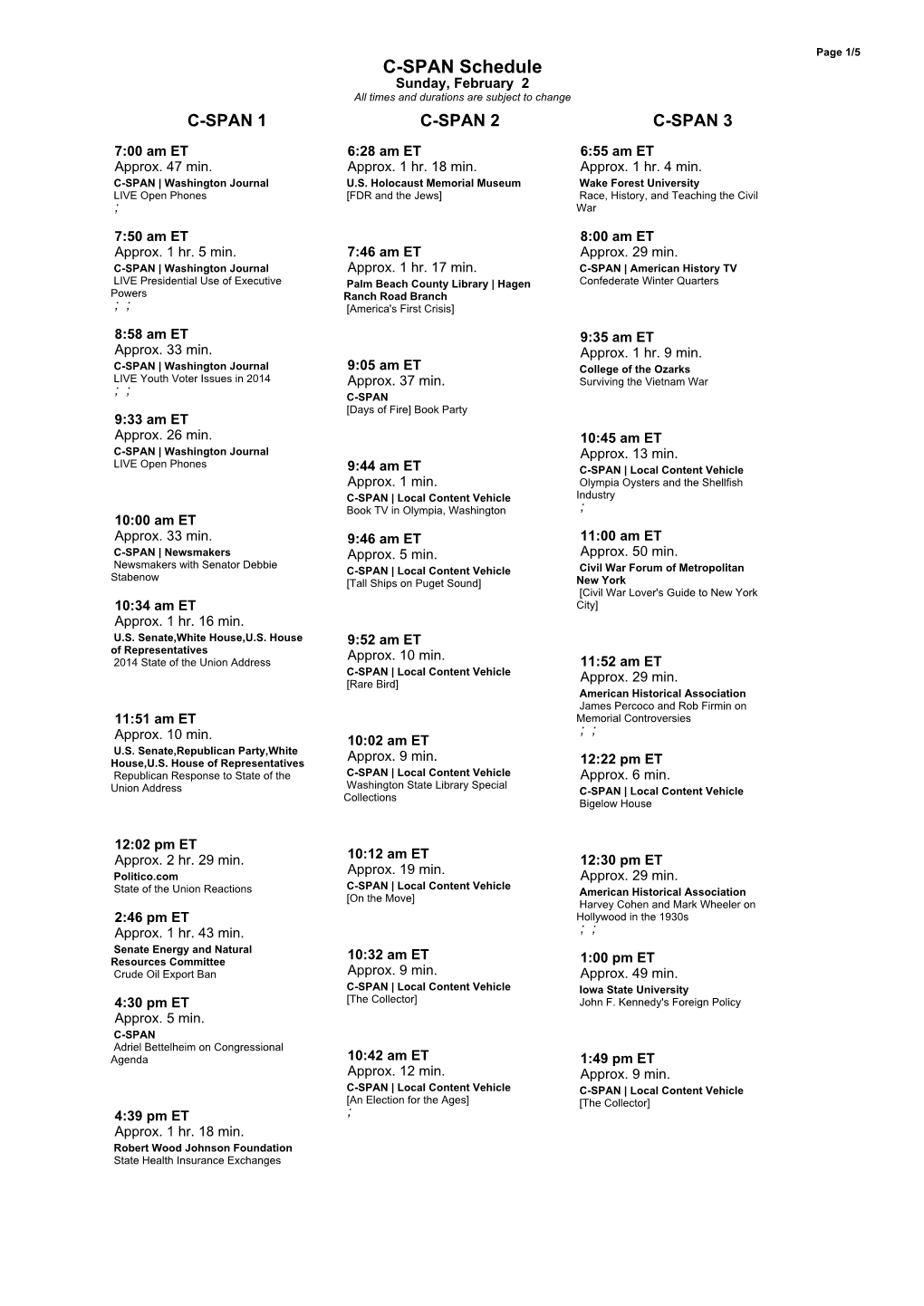 C-SPAN Schedule for Sunday, February 2