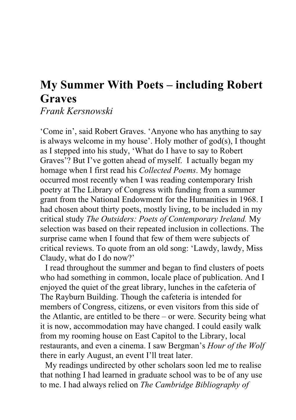 My Summer with Poets – Including Robert Graves Frank Kersnowski