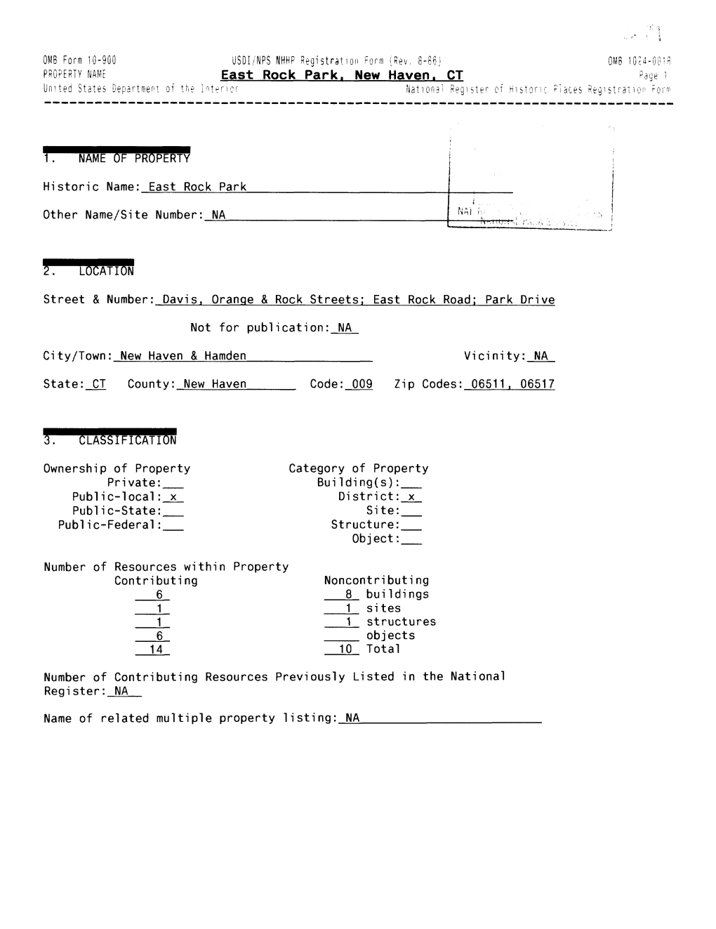 USOI/NPS NHHP Registration Form (Rev. 8-86) East Rock Park. New Haven. CT