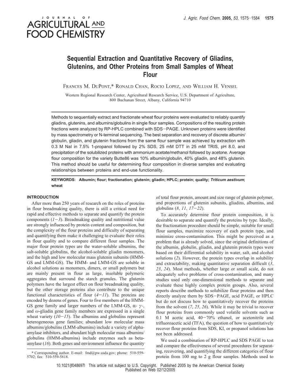Sequential Extraction and Quantitative Recovery of Gliadins, Glutenins, and Other Proteins from Small Samples of Wheat Flour