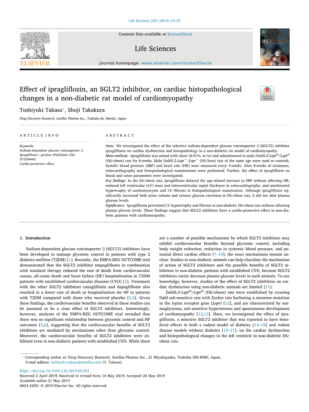 Effect of Ipragliflozin, an SGLT2 Inhibitor, on Cardiac Histopathological T Changes in a Non-Diabetic Rat Model of Cardiomyopathy ⁎ Toshiyuki Takasu , Shoji Takakura