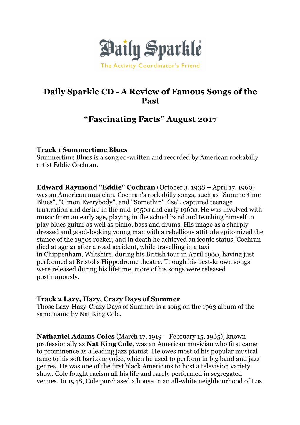 A Review of Famous Songs of the Past “Fascinating Facts” August 2017