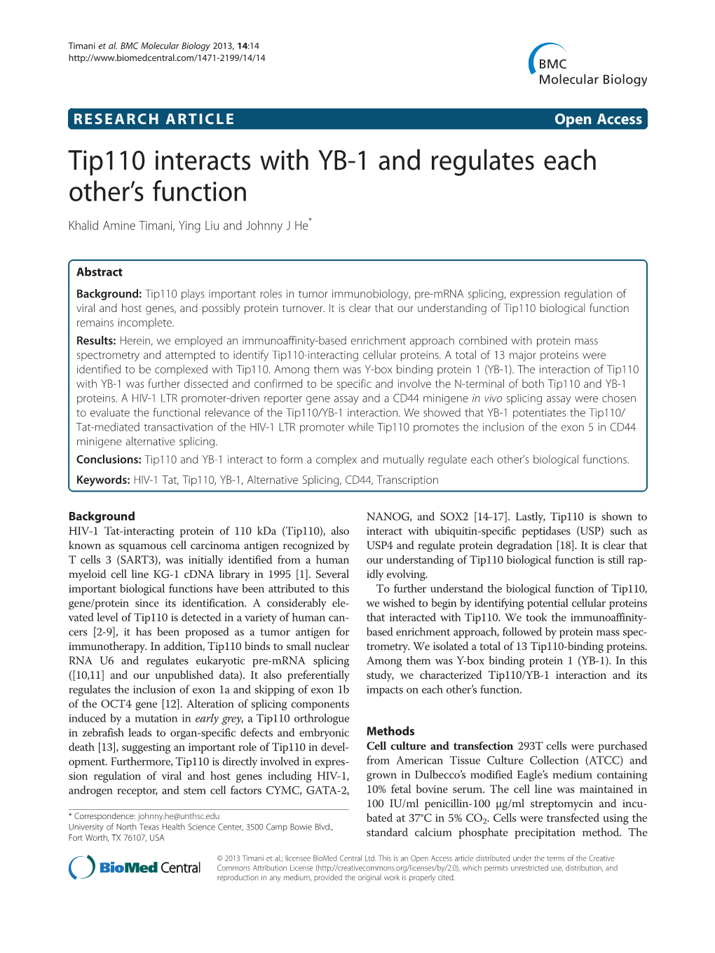 Tip110 Interacts with YB-1 and Regulates Each Other's Function