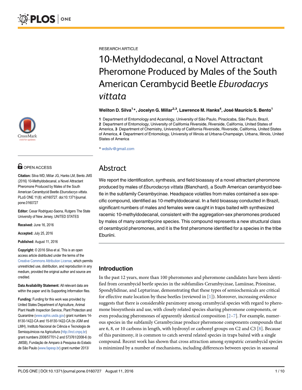 10-Methyldodecanal, a Novel Attractant Pheromone Produced by Males of the South American Cerambycid Beetle Eburodacrys Vittata