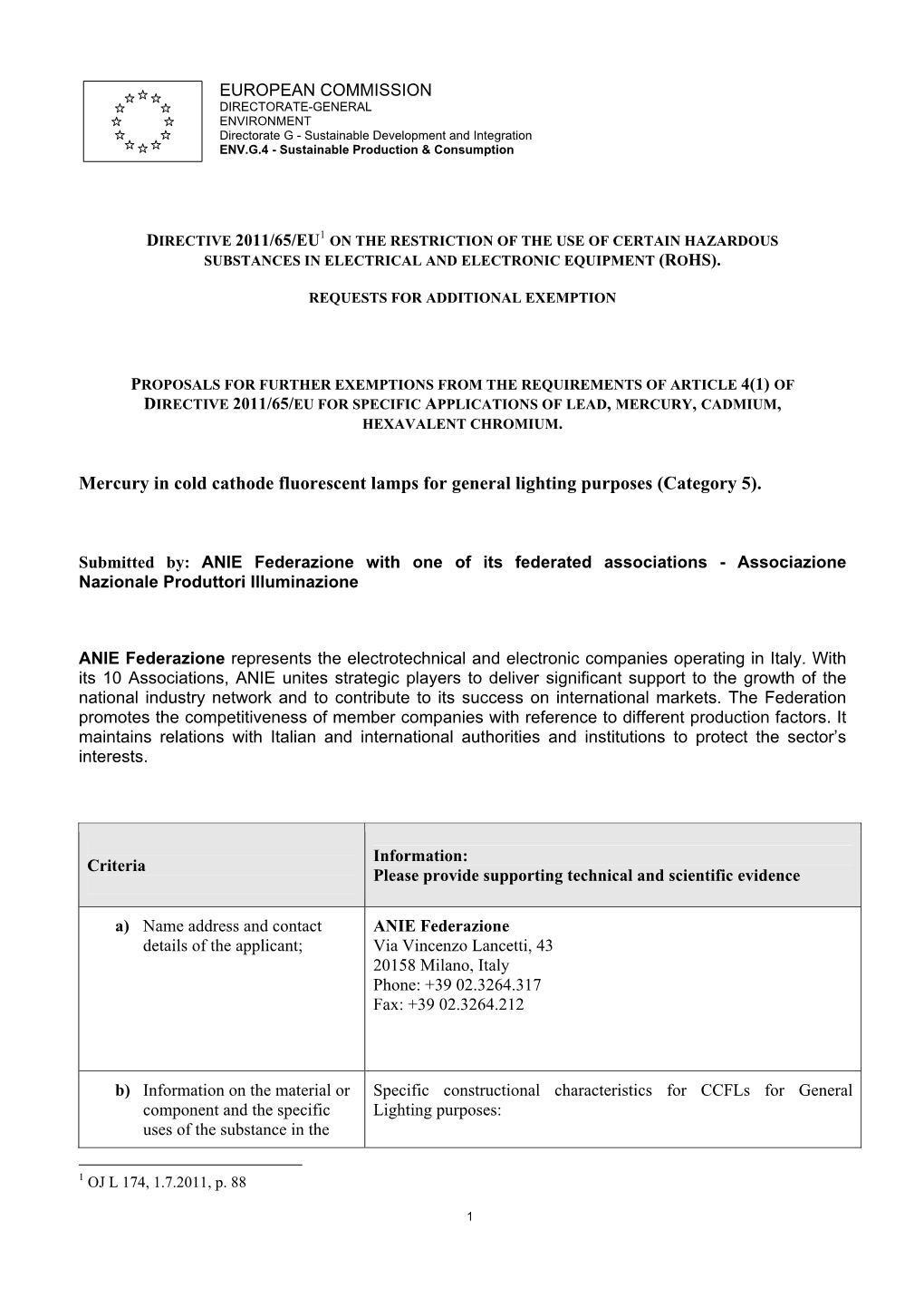 Mercury in Cold Cathode Fluorescent Lamps for General Lighting Purposes (Category 5)