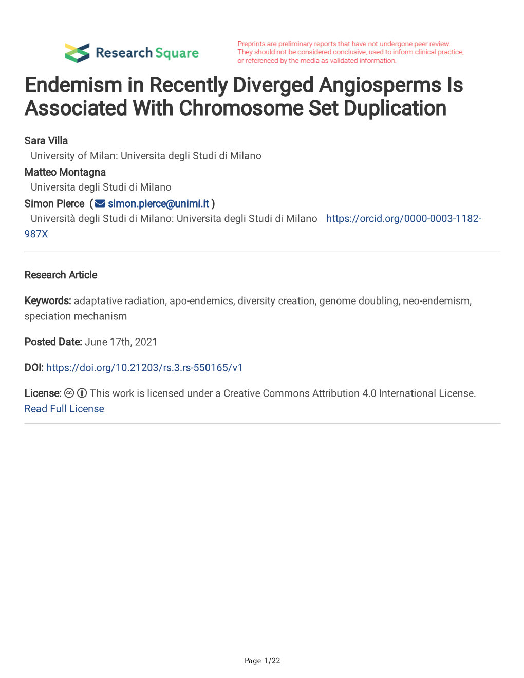 Endemism in Recently Diverged Angiosperms Is Associated with Chromosome Set Duplication