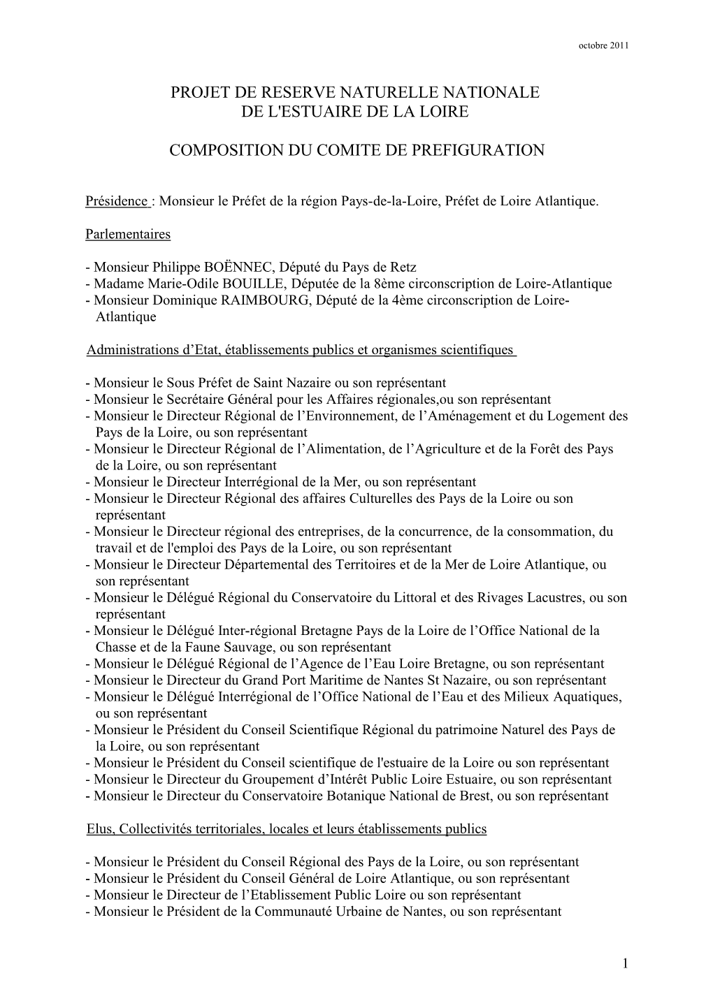 Projet De Reserve Naturelle Nationale De L'estuaire De La Loire Composition Du Comite De Prefiguration