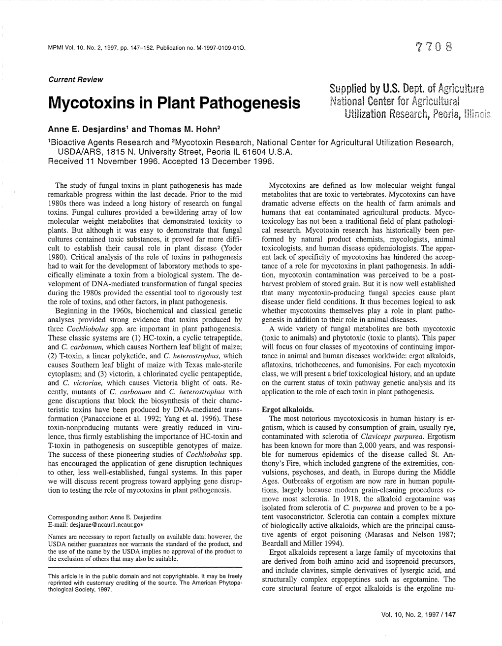 Mycotoxins in Plant Pathogenesis National Center for [\Nr!T'nihi,T,~L Utiiization Research P Peoria R Aw,,§\.YL) Anne E