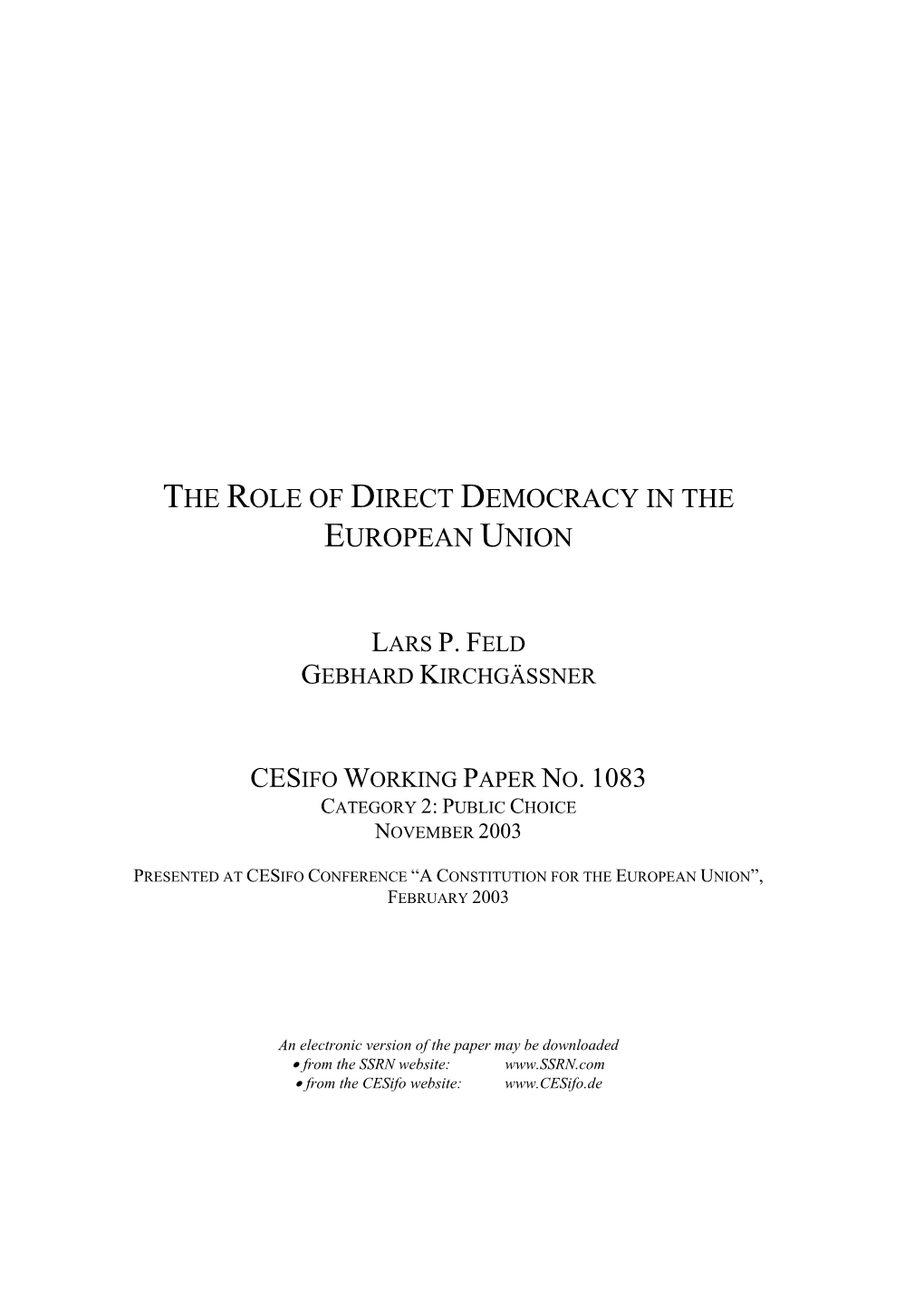 The Role of Direct Democracy in the European Union