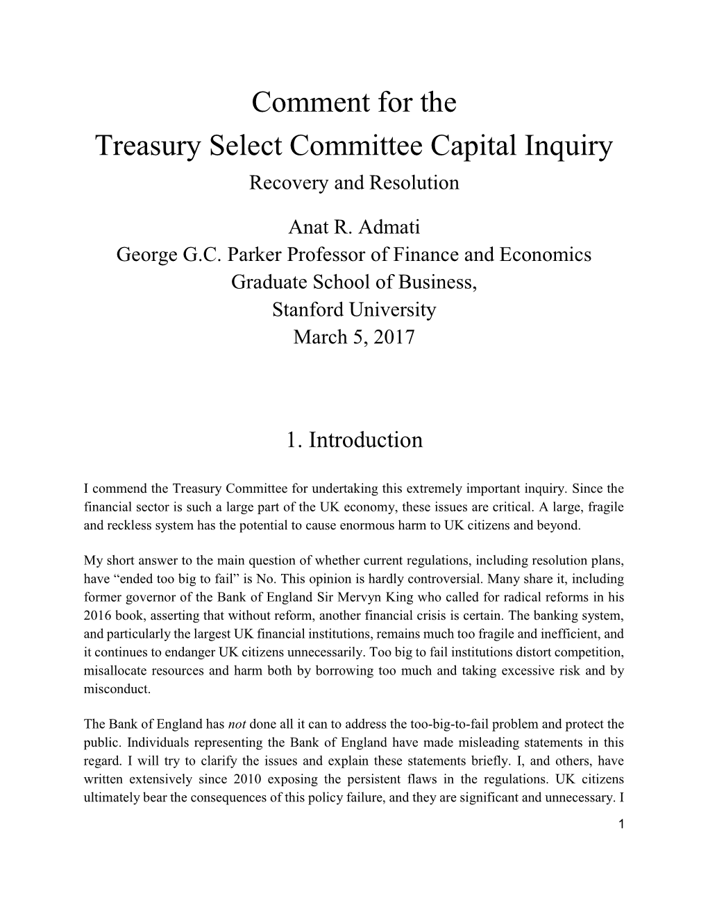 Comment for the Treasury Select Committee Capital Inquiry