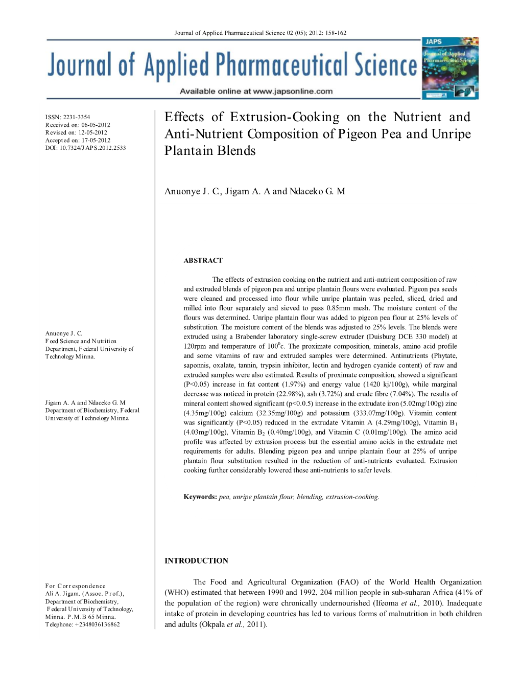 Effects of Extrusion-Cooking on the Nutrient and Anti-Nutrient