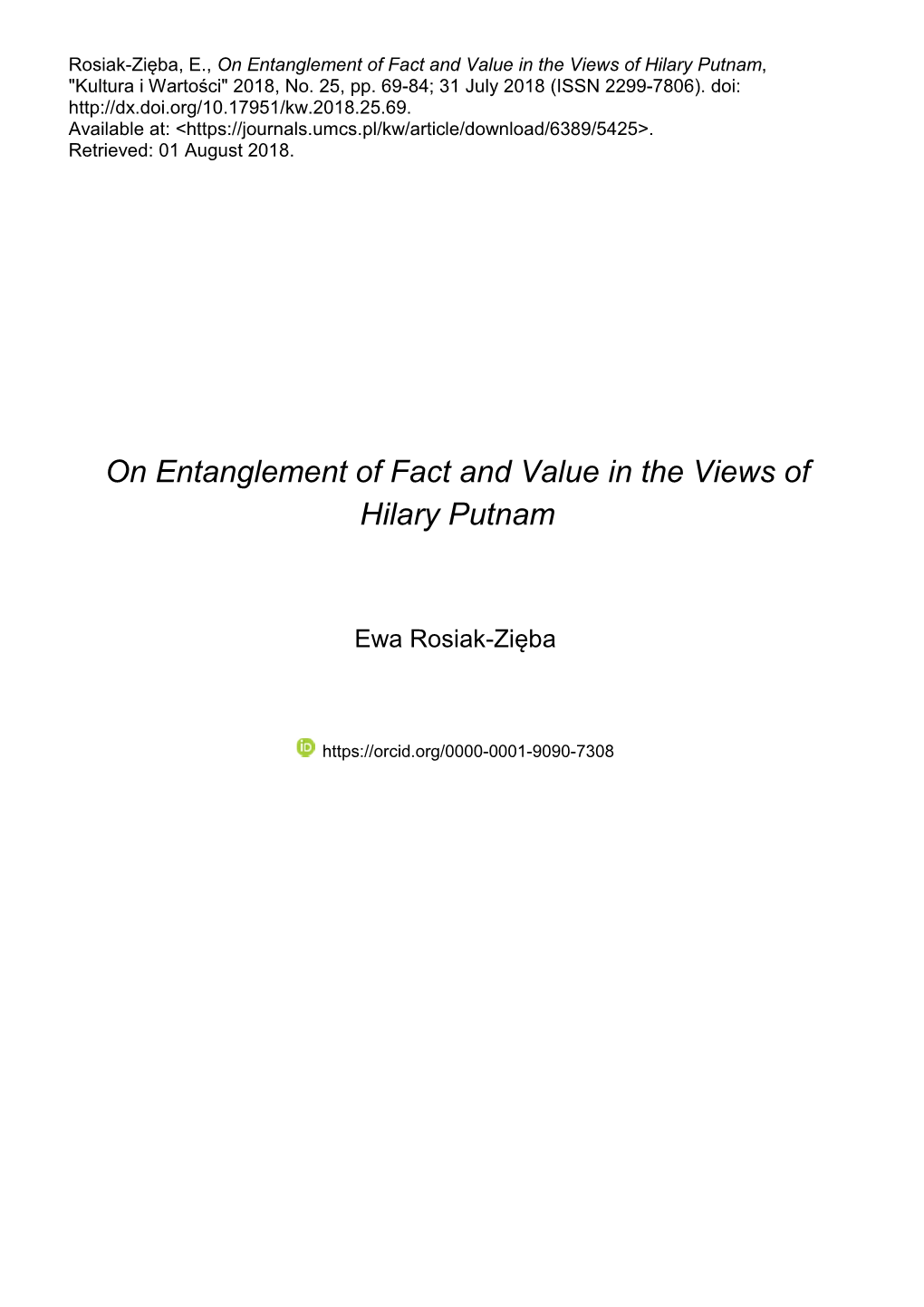 On Entanglement of Fact and Value in the Views of Hilary Putnam , 