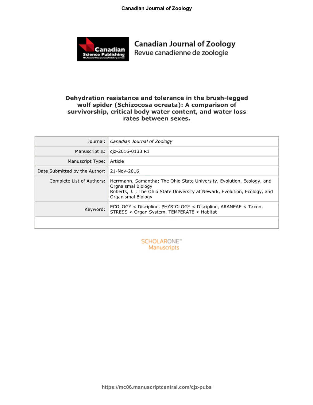 Schizocosa Ocreata): a Comparison of Survivorship, Critical Body Water Content, and Water Loss Rates Between Sexes